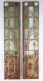 Pair Art Deco Iron Doors Glass Panels 1930