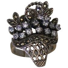 Giardinetto Ring, Sterling/Marcasites/Lavender Ice CZs, Vintage. For Sale at Ruby Lane