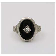 Antique Art Deco 14K White Gold Onyx & Diamond Ring. For Sale at Ruby Lane