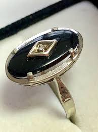 Black Onyx and Diamond Ring, Antique, Halo Style, 14kt White Gold, Oval, Size 9. - Etsy Australia
