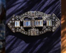 Silver Brooch Art Deco Fan Baguette White Rhinestone Vintage ...