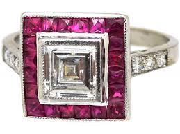 Art Deco 18ct White Gold, Aascher Cut Diamond & French Cut Ruby Square Ring (114W) | The Antique Jewellery Company