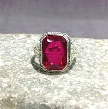 Vintage Man-Made Cushion Cut Pink Ruby & 14K Gold Ladies ...