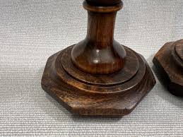 Vintage Rare Pair of English Oak Wood and Pewter Candlestick ...