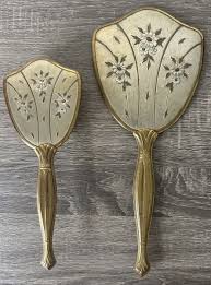 Vintage Gold Tone Hand Mirror w/ Matching Brush-Floral Design | eBay