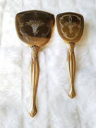 Art Nouveau 2-piece Mirror Set Gold Tone Metal W/white Woven Basket N Flowers Etched Design Bathroom Decor Wedding Gift - Etsy