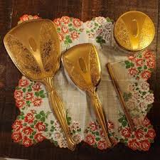 Vintage Gold Vanity Set, Dresser Set, 4 Pieces, Hand Mirror, Brush, Comb, Powder Dish, Art Deco Style - Etsy