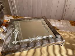 Antique Deco Vanity Perfume Footed Tray Silver Etched Glass Hand Made Hammered P | eBay