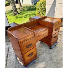 Vintage c.1940s Art Deco Waterfall Vanity With Rectangular Mirror and Bench - Set of 2 | Chairish