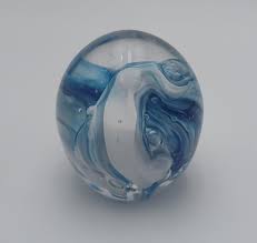 Signed Vintage Handblown Glass Paperweight With Blue & White Ribbon Swirl, 2003 | Chairish