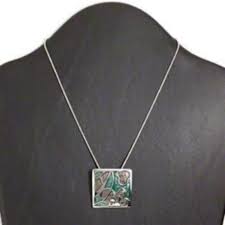 Green Olive Abstract Flowers Leaf Square Pendant Silver ...