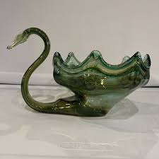 Vintage Mid Century Modern Hand Blown Art Glass Green Brown Gold Swirl Swan Bowl | eBay