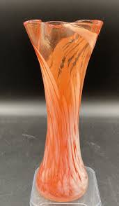 Fluted Hand Blown Glass Vase Red Orange & White Swirl ...