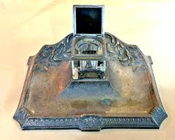 Art Nouveau Plated Brass & Glass Desk Inkwell. Roses Design. 20cm x 15cm. | eBay