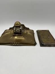 VTG Art Nouveau Brass Desk Set Inkwell Tray, Inkwell, And Notepad Cover Office | eBay