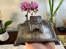 Vintage DRGM Calligraphy Pen Metal Stand Tray with Glass Inkwell RARE Beautiful | eBay
