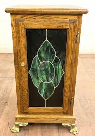 Sold at Auction: Vintage Stained Glass Carved Oak Cabinet Stand