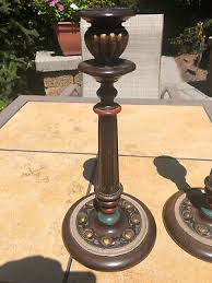 Vintage Hand Carved & Painted Wood Candlesticks MCM Mid Century Candle Sticks | eBay