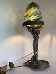 Silver Plate Bronze Nude Female Art Nouveau Lamp w/ Iridescent Art Glass Shade at 1stDibs | art nouveau lamp woman, art nouveau lamp shade