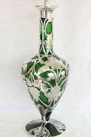 STUNNING ANTIQUE GREEN DECANTER & 5 SHOTS ART GLASS STERLING SILVER OVERLAY SET | eBay
