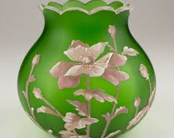 Carl Goldberg Bohemian Antique Enameled Vase, Green Satin Glass/pink Flowers - Etsy