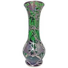 Art Nouveau Sterling Silver Overlay Glass Vase, Alvin, circa 1900 at 1stDibs | sterling silver overlay on glass, glass vase with silver overlay