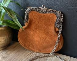 Vintage 70s Suede Kiss Lock Shoulder Bag, Brown Leather ...