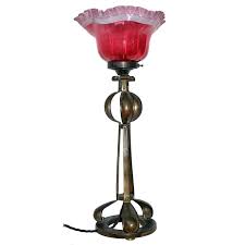 Art Nouveau Table Lamp with Fluted Cranberry Glass Shade - Turn On Antique Lighting