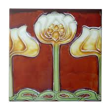 Vintage Art Nouveau Lotus Flowers on Red Frieze Ceramic Tile ...