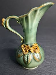 5 In Tall Green Pottery Pitcher Vase Applied Gold Flowers Vintage | eBay