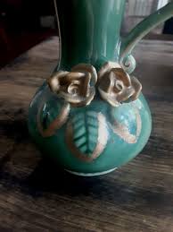 Two 5 In Tall Green Gold Pottery Pitcher Vase Applied Gold Flowers Vintage | eBay