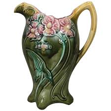 Early 1900s Majolica Pink Flowers Pitcher Onnaing | Chairish