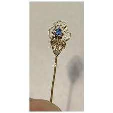Antique hand carved 10k yellow gold blue stone hat stick pin ...
