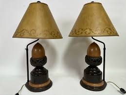 Pair Of Wooden Acorn Table Lamps With Adjustable Height Shades 25H