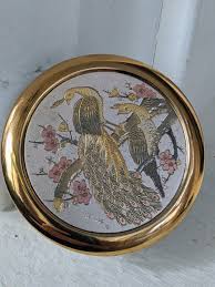 Vintage Chokin Art Trinket Container: Gold Peacock Etched ...