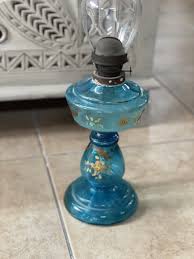 Vintage Czechoslovakian Blue Glass Oil Lamp — Hand Painted Flowers — Original Burner — 1930s-1950s Antique Lighting - Etsy Ireland