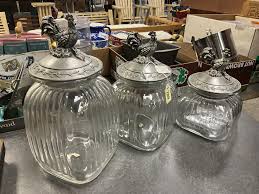 Lot - (3) Rooster Themed Glass & Pewter Canisters***
