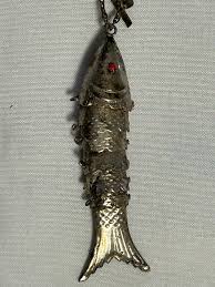 ANTIQUE STERLING SILVER ARTICULATED FLEXI FISH. 3" WITH RED ...