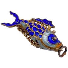 Similar Items to Colorful Enamel Articulated Fish Gold Gilt on Silver Vintage Charm