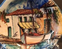 Vintage Hand Painted and Signed by Eva Made in Greece Harbor ...