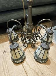 vintage arts & crafts staind glass 5 arm chandelier iron spelter ...