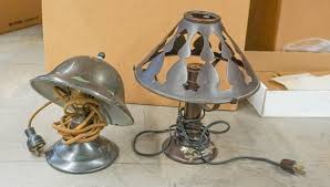 Lot - The Griest Manufacturing Co. Floral Decorated and Patinated Metal Griest Lamp and a Silver Mounted Bronze Lamp, Each with Shade, H of taller: 10 in. (25.40 cm.)
