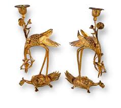 A Pair Of 19th Century Japanese Gilt Bronze Crane ...