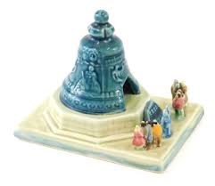 A Konakova Russian porcelain figure group, figures before bell, marked beneath, 12cm high.