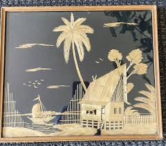 Vintage Asian Bamboo Straw Framed Art~ House On Harbor With ...