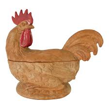 Large Vintage Mid Century Italian Terra Cotta Pottery Figural Rooster Covered Dish Serving Bowl | Chairish