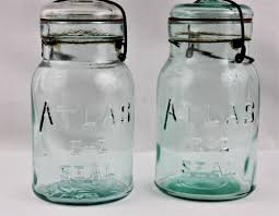 Antique Pair of Blue Atlas E-Z Seal Mason Jars with Glass Lids and wire Bails, Canning Jars