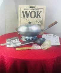 Vtg 1970s Hand Hammered Chinese Wok Set 14.5” Carbon Steel ...