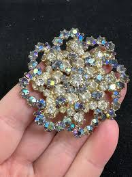 Flower Outline Clear & Blue Aurora Rhinestone Vintage Silver ...