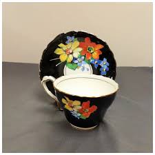 Vintage Paragon Hand Painted Floral Black Teacup and Saucer. For Sale at Ruby Lane